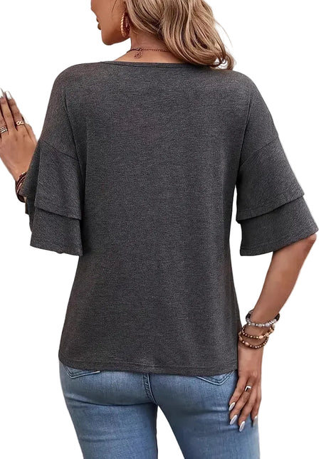 Gray half sleeve fashion T-shirt with feminine flounce accents for everyday casual wear.