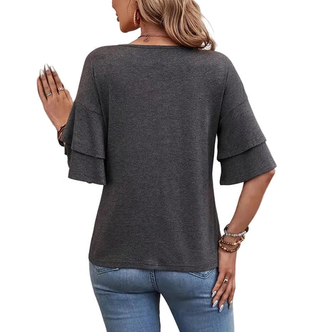 Gray half sleeve fashion T-shirt with feminine flounce accents for everyday casual wear.
