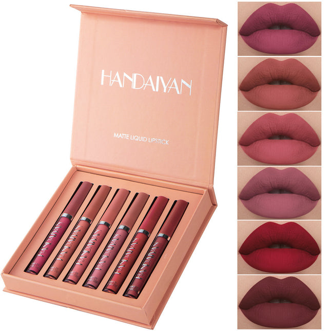 A set of six liquid lipsticks in various shades, presented alongside their packaging with the brand name HANDAIYAN visible.