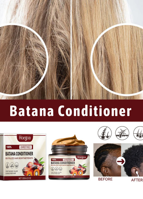 Advertisement for Batana Conditioner showing before and after effects on hair.