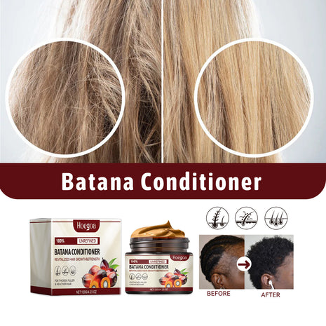 Advertisement for Batana Conditioner showing before and after effects on hair.