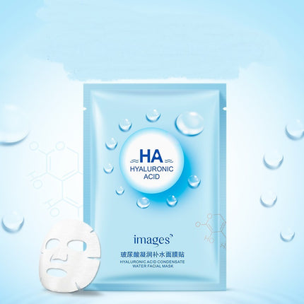 Hyaluronic acid facial mask packaging with a blue background