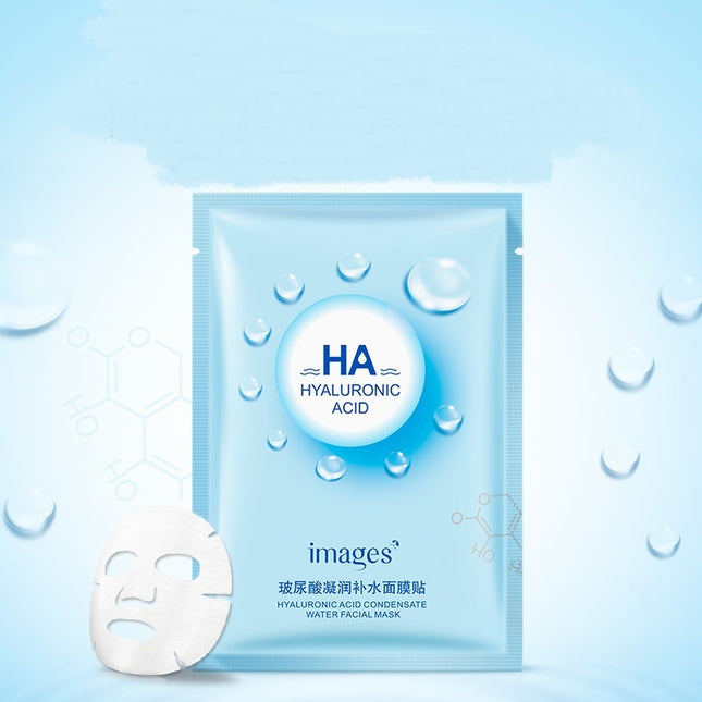 Hyaluronic acid facial mask packaging with a blue background