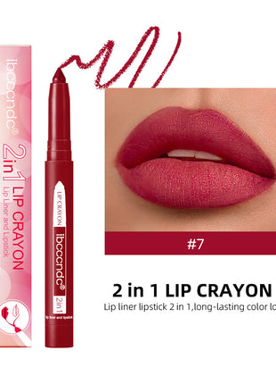 This image features a collage of lip makeup looks using a product from the IBCCCNDC brand. The main focus is on a woman showcasing a bold red lip color, which is highlighted with a lip liner and lipstick.