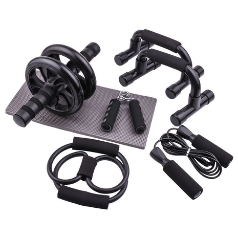 Collection of black exercise tools including dumbbells, resistance bands, and jump rope on a white background.