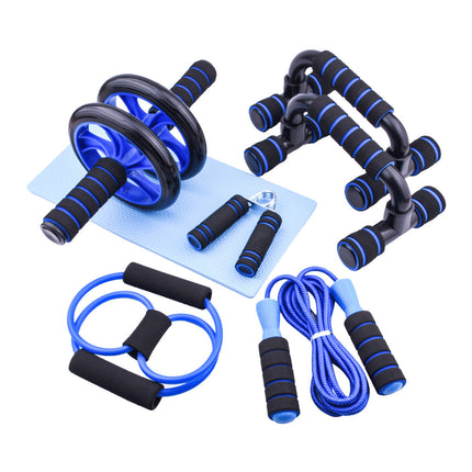Collection of fitness tools including ab roller, dumbbells, resistance bands, and jump rope on a white background.
