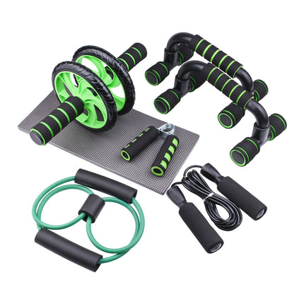 Collection of fitness tools including ab roller, push-up bars, resistance bands, and jump rope on a white background.