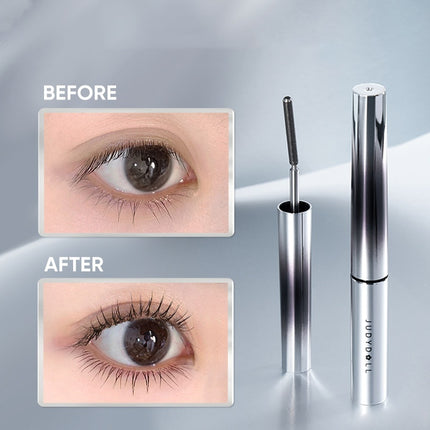 Eyelash serum with 'Before' and 'After' effect on eyes against a gray gradient background