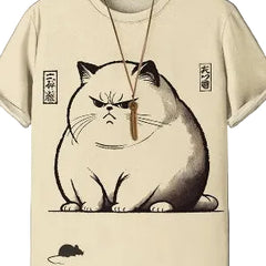 Beige t-shirt with a graphic of a cat and mouse on a white background
