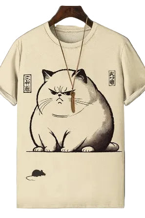 Beige t-shirt with a graphic of a cat and mouse on a white background