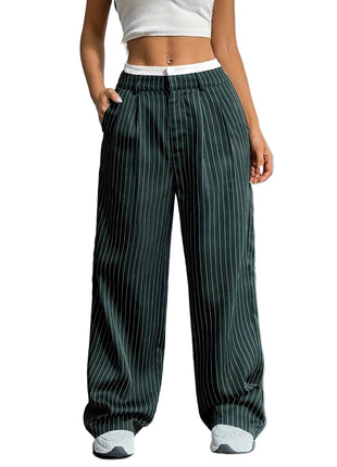 Women’s Japanese Korean casual straight-leg pants featuring striped pattern and high waist silhouette.