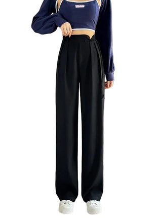 Women’s Japanese and Korean inspired wide leg palazzo pants with asymmetric details and modern silhouette.