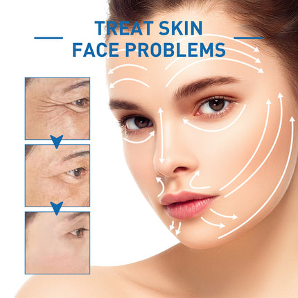 Woman's face with skin treatment lines and close-ups of skin issues, text 'Treat Skin Face Problems'.