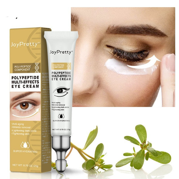 JoyPretty Polypeptide Multi-Effects Eye Cream with packaging, application on eye area, and green leafy plants.