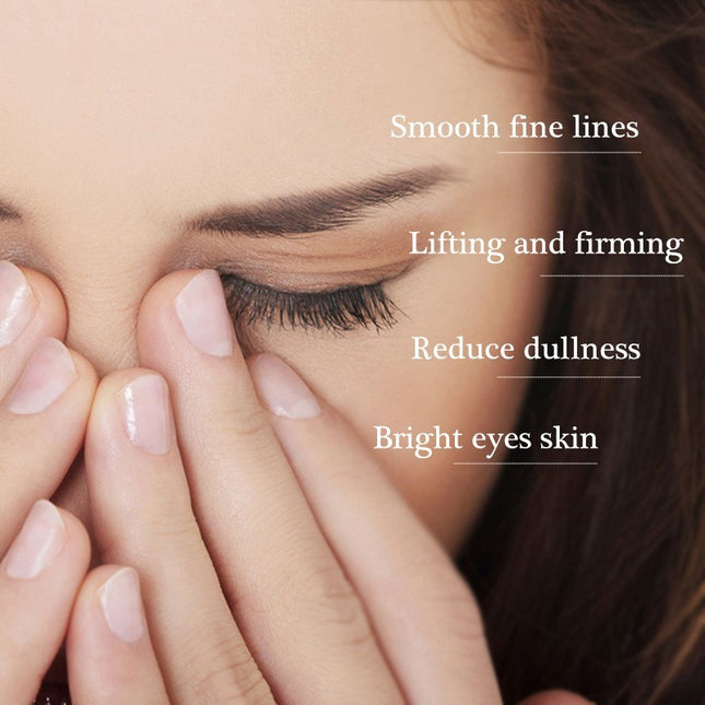 Close-up of a person's eye with text highlighting skincare benefits