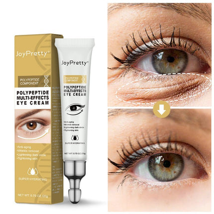 JoyPretty Polypeptide Multi-Effects Eye Cream with packaging and before-and-after effects on eyes.