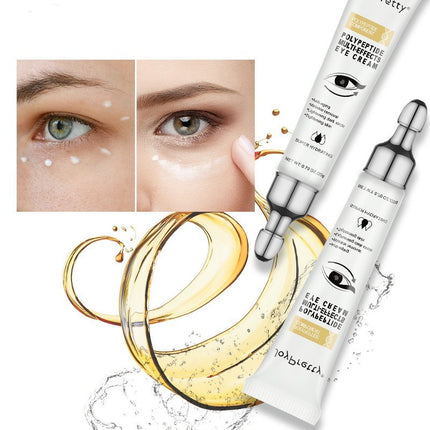 Two bottles of eye cream with close-up shots of a woman's eyes and a gold liquid element.
