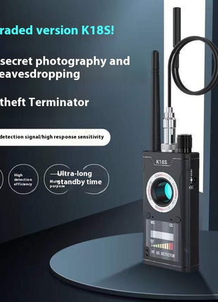 a K18S anti-theft, eavesdropping, monitoring & positioning detector with a black color, featuring a digital display, antennas, and a rechargeable battery.