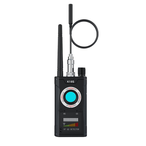 The image shows a K18S anti-theft, eavesdropping, monitoring & positioning detector with a black color, featuring a digital display, antennas, and a rechargeable battery.
