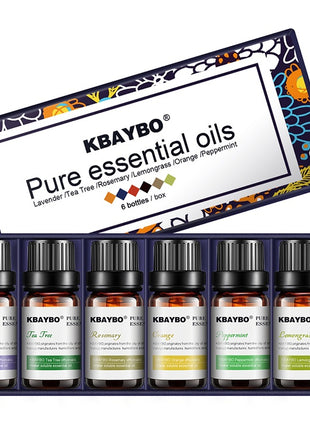 Set of KBAYBO pure essential oils with a decorative box on a white background