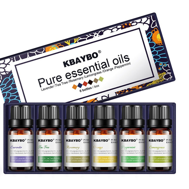 Set of KBAYBO pure essential oils with a decorative box on a white background