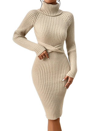 Women’s autumn winter sweater dress with solid color style and comfortable high-neck design.