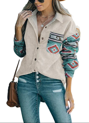 Khaki multi-color long shirt with a lapel collar, medium-weight polyester fabric, and unique stitched detailing.