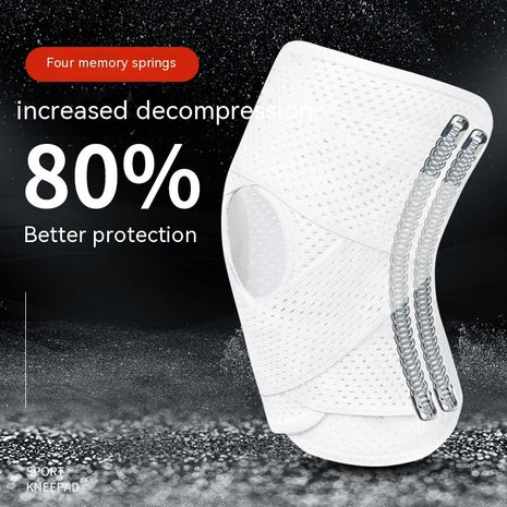 White knee pad with text highlighting features on a dark background