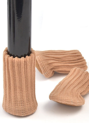 Beige table and chair leg covers on a white background with text about size and fit.