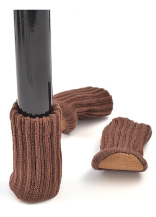 Brown table and chair leg covers on a white background with text about size and fit.