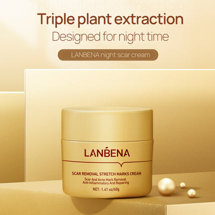 LANBENA night scar cream jar with 'Triple plant extraction' text on a beige background
