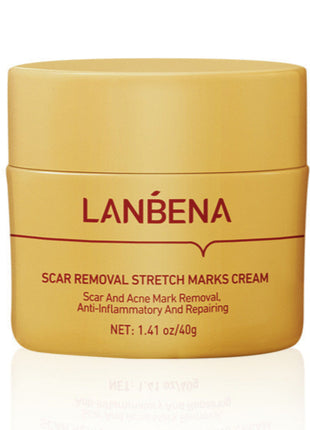 Yellow jar of Lanbena scar removal stretch marks cream on a white background