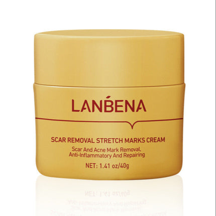 Yellow jar of Lanbena scar removal stretch marks cream on a white background