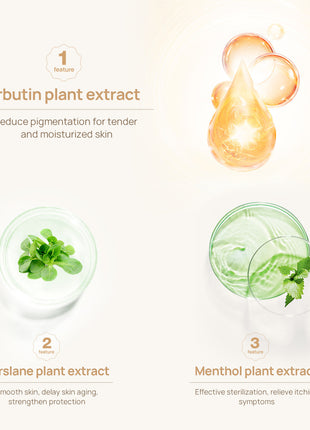 Illustration of arbutin, purslane, and menthol plant extracts with their benefits on a light background.