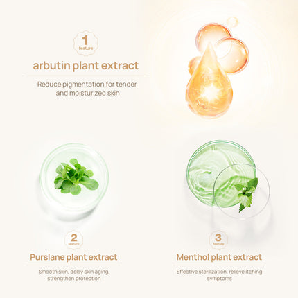 Illustration of arbutin, purslane, and menthol plant extracts with their benefits on a light background.