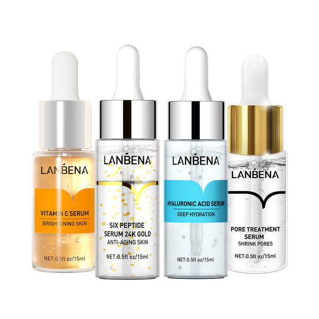 Four LANBENA serum bottles with different ingredients on a white background