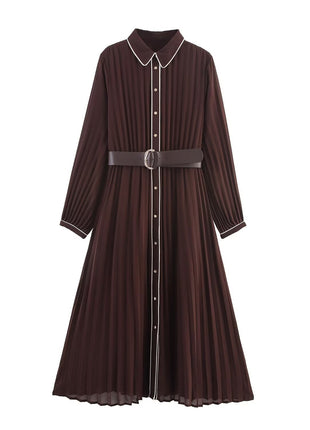 Brown pleated dress with a belt on a white background