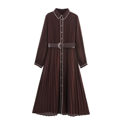 Brown pleated dress with a belt on a white background