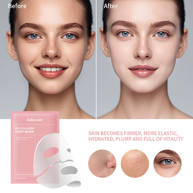 Before and after comparison of a woman's face with a Lokerain deep mask packaging.