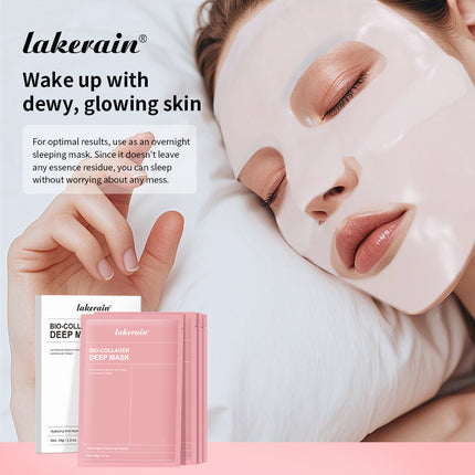 Woman wearing a face mask with Lakerain product packaging displayed.