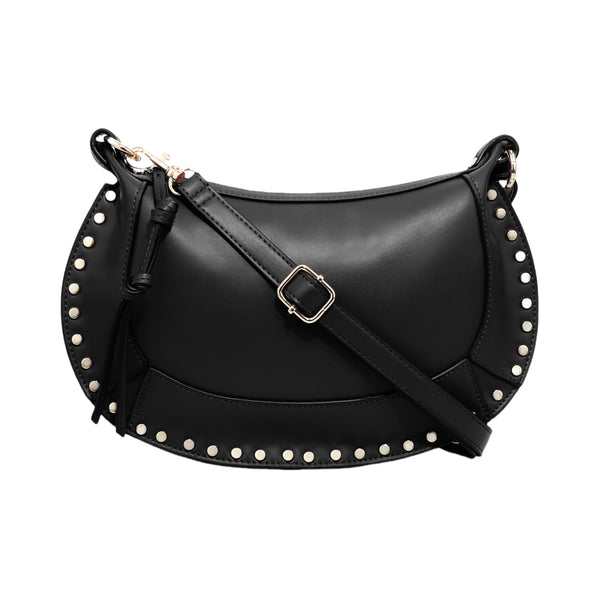 Black leather handbag with pearl embellishments on a white background