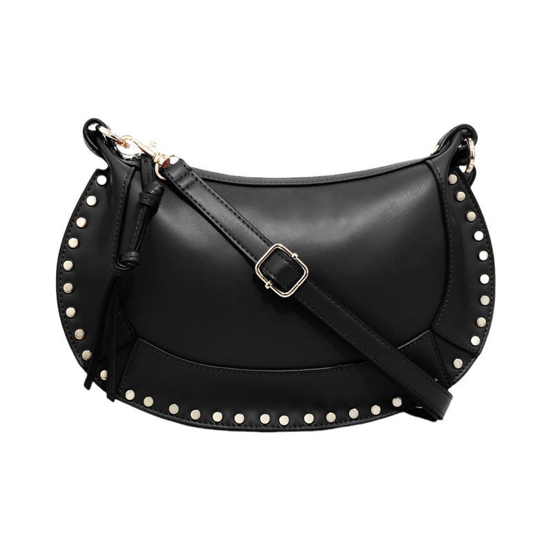 Black leather handbag with pearl embellishments on a white background