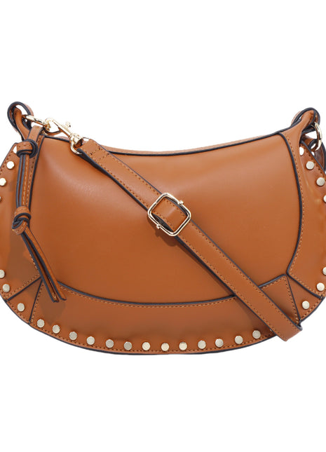 Brown leather handbag with studded details on a white background
