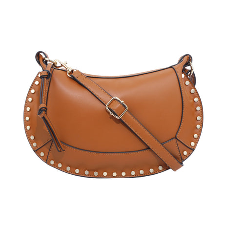 Brown leather handbag with studded details on a white background