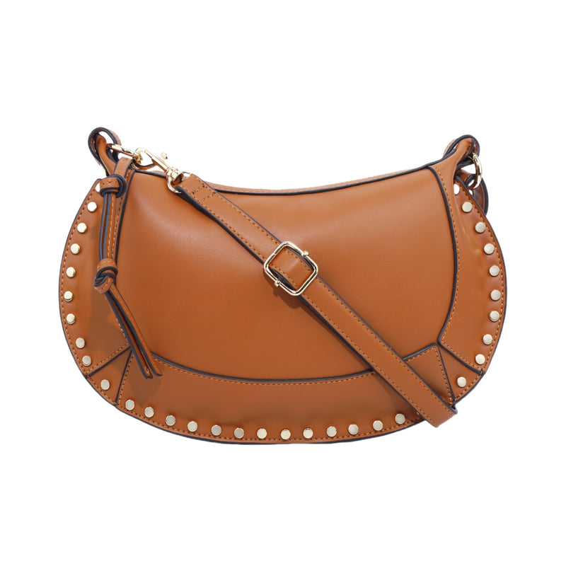 Brown leather handbag with studded details on a white background