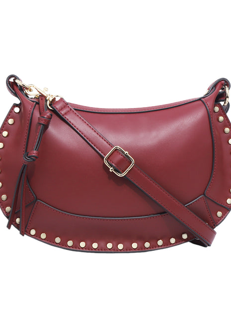 Red handbag with gold studs and a gold buckle on a white background