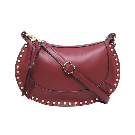 Red handbag with gold studs and a gold buckle on a white background