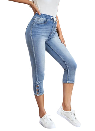 Light blue women’s cropped jeans made from cotton denim with stylish lace-up details.