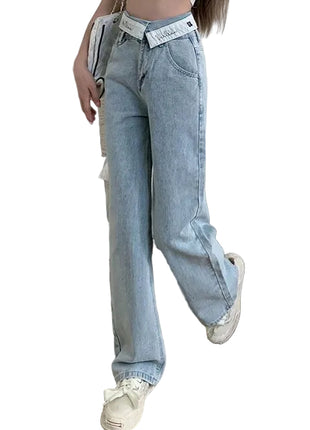 Light blue women’s wide leg denim pants featuring a relaxed straight-leg silhouette and comfortable fit.