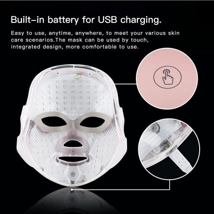 LED face mask with USB charging feature on a black background